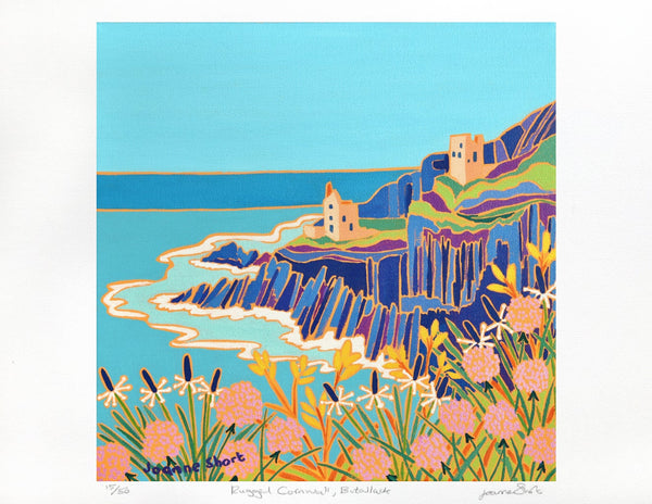 Joanne Short Cornwall art print featuring sea pinks and thrift at Botallack tin mines