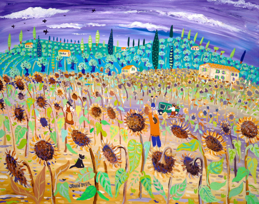 John Dyer painting of the Italian sunflower harvest in Tuscany