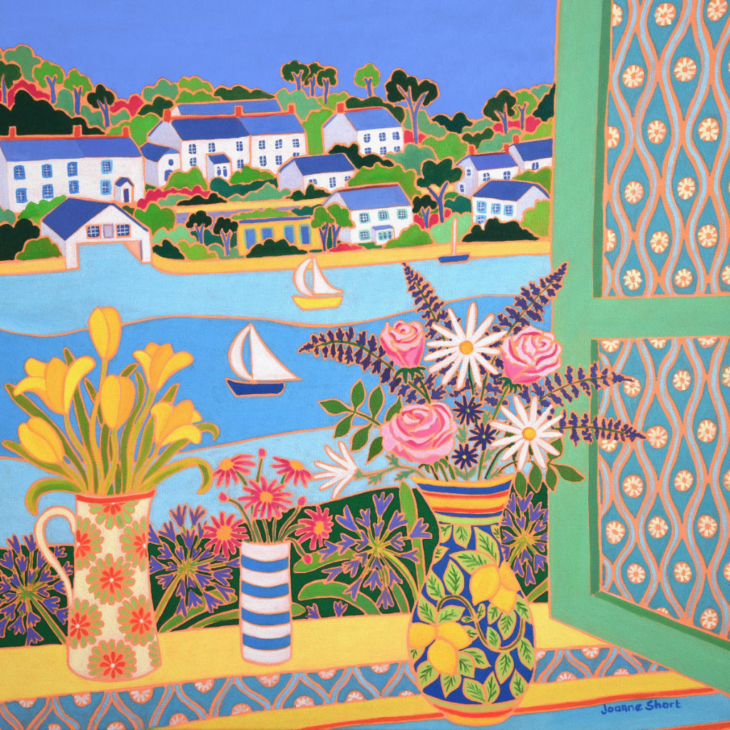 'Colourful vases of flowers, Helford' by Joanne Short