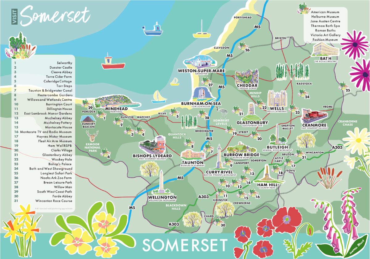 Visit Somerset Map by artist Joanne Short