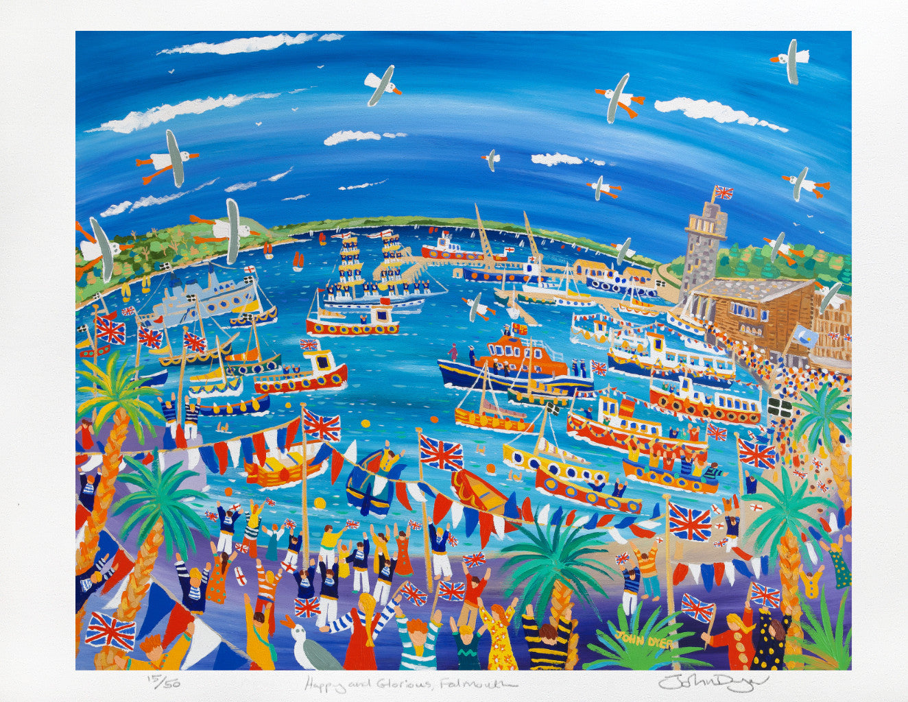 Limited Edition Print by Cornish Artist John Dyer. 'Happy and Glorious, Falmouth'. Queen's Golden Jubilee Falmouth. Cornwall Art Gallery print