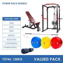 Load image into Gallery viewer, Power Rack Bundle - 120kg Colour Weight Plates, Barbell &amp; Bench
