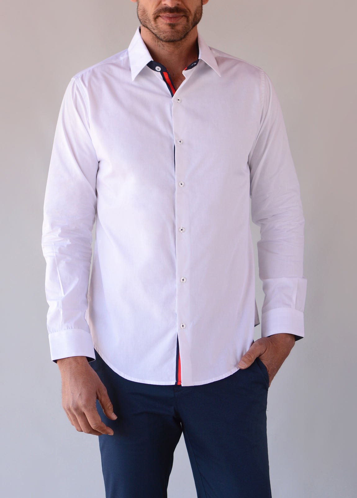 Camisa Oxford Blanco En Rojo, Cielo Y Marin – Costa Blanca