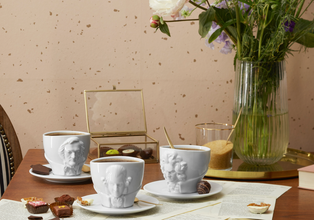 TALENT Series porcelain cups featuring portraits of Mozart, Beethoven, Shakespeare, Wagner, and Goethe in lifelike detail. Quality porcelain cups Made in Germany from finest porcelain by FIFTYEIGHT PRODUCTS.