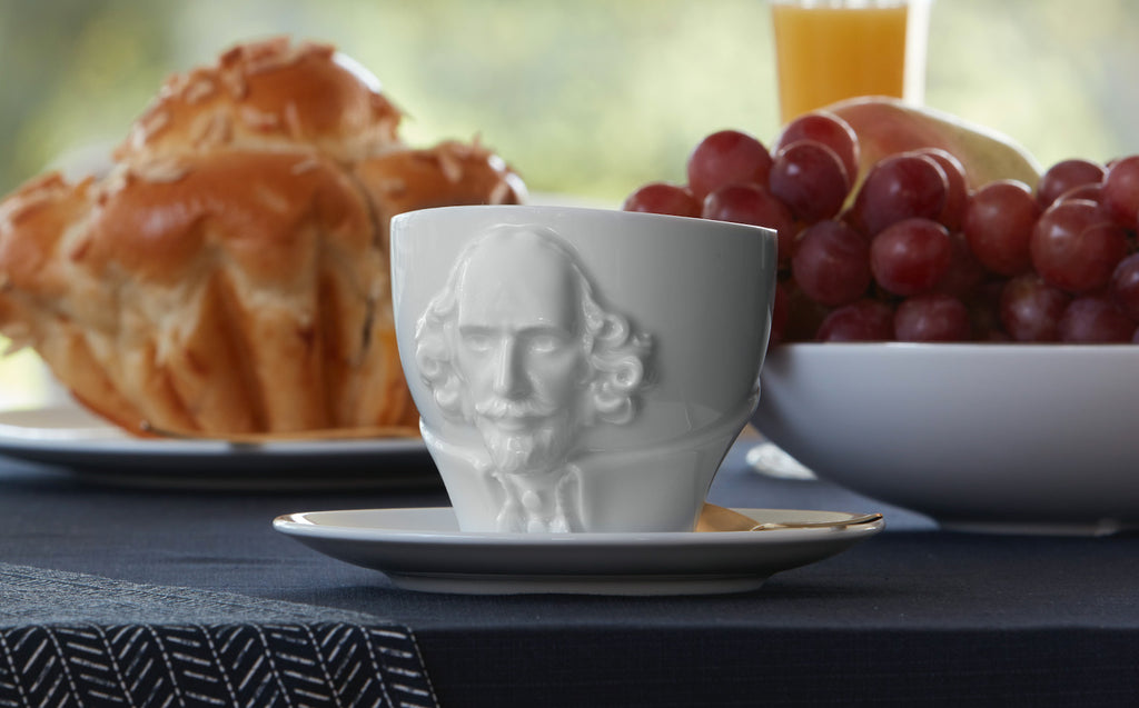 TALENT Series porcelain cups featuring portraits of Mozart, Beethoven, Shakespeare, Wagner, and Goethe in lifelike detail. Quality porcelain cups Made in Germany from finest porcelain by FIFTYEIGHT PRODUCTS.