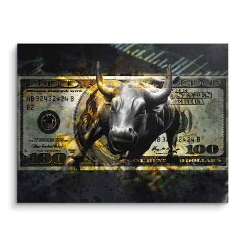 Wandbild mit Börsenbullen auf Dollarschein by ARTMIND