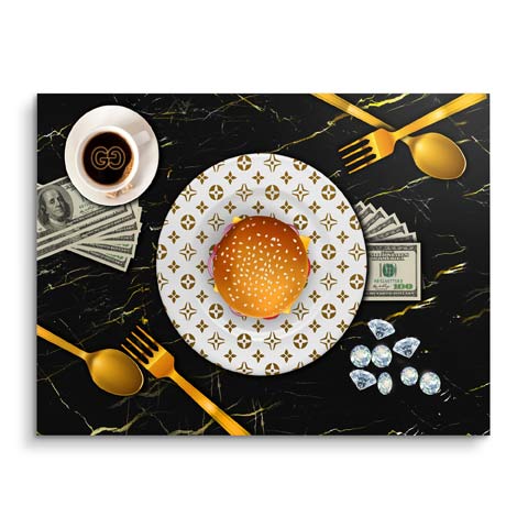 Wall mural with luxury burger, diamonds and gold cutlery by ARTMIND