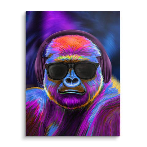 Wandbild mit lila Gorilla der Musik hört by ARTMIND
