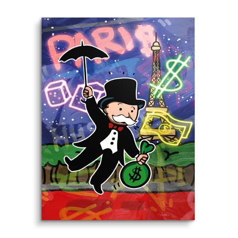 Wandbild des fliegendes Monopoly Mann in Paris by ARTMIND