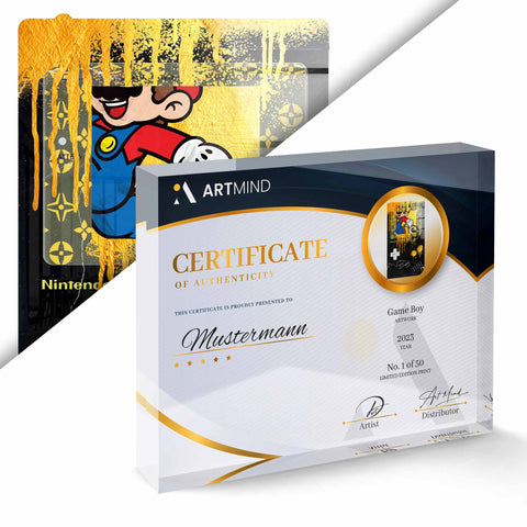 Tableau mural Gold Edition certificat Game Boy Mario œuvre d'art ArtMind