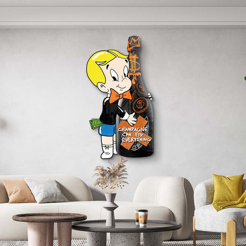 Wandbild in Freiform mit Richie Rich und seiner Champagne Flasche by ARTMIND