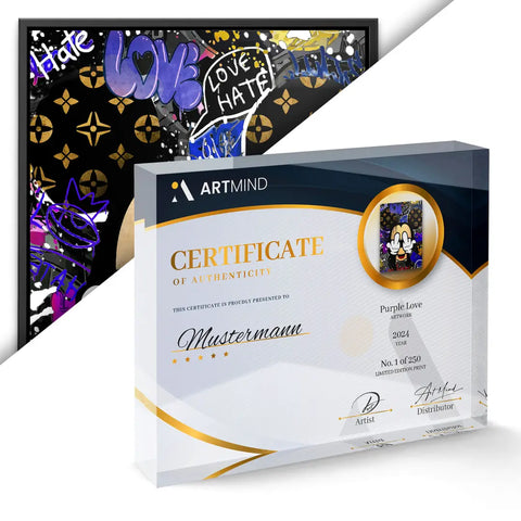 Certificate of authenticity and artwork Purple Love by ArtMind