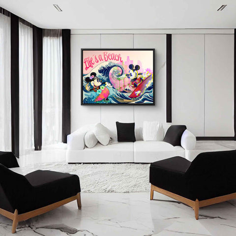 Mural with Mickey and Minnie surfing by ArtMind