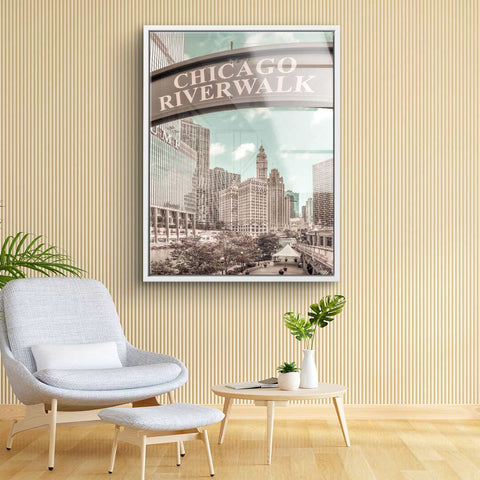 Mural with Chicago Riverwalk in vintage style by ArtMind