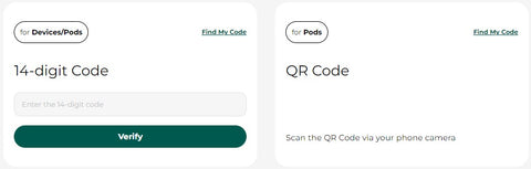 A screengrab of the RELX website Authentication page where you can enter device and pod codes for verification.