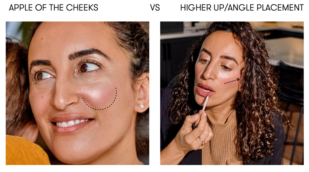 two pictured of same woman wearing blush in two different ways