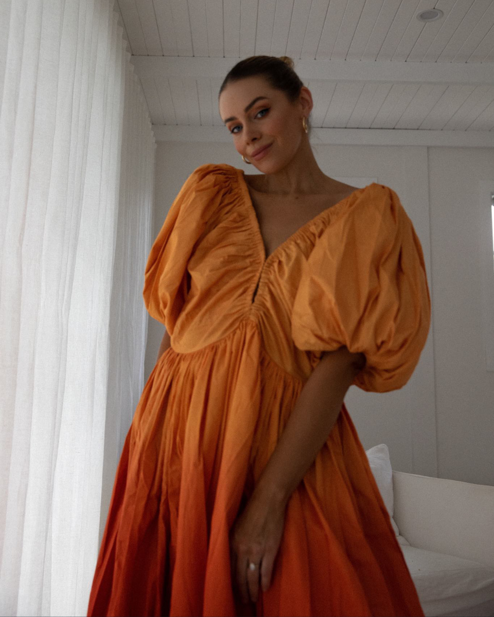 @carlyamcdonagh wears the Birthday Gown in Orange Ombre