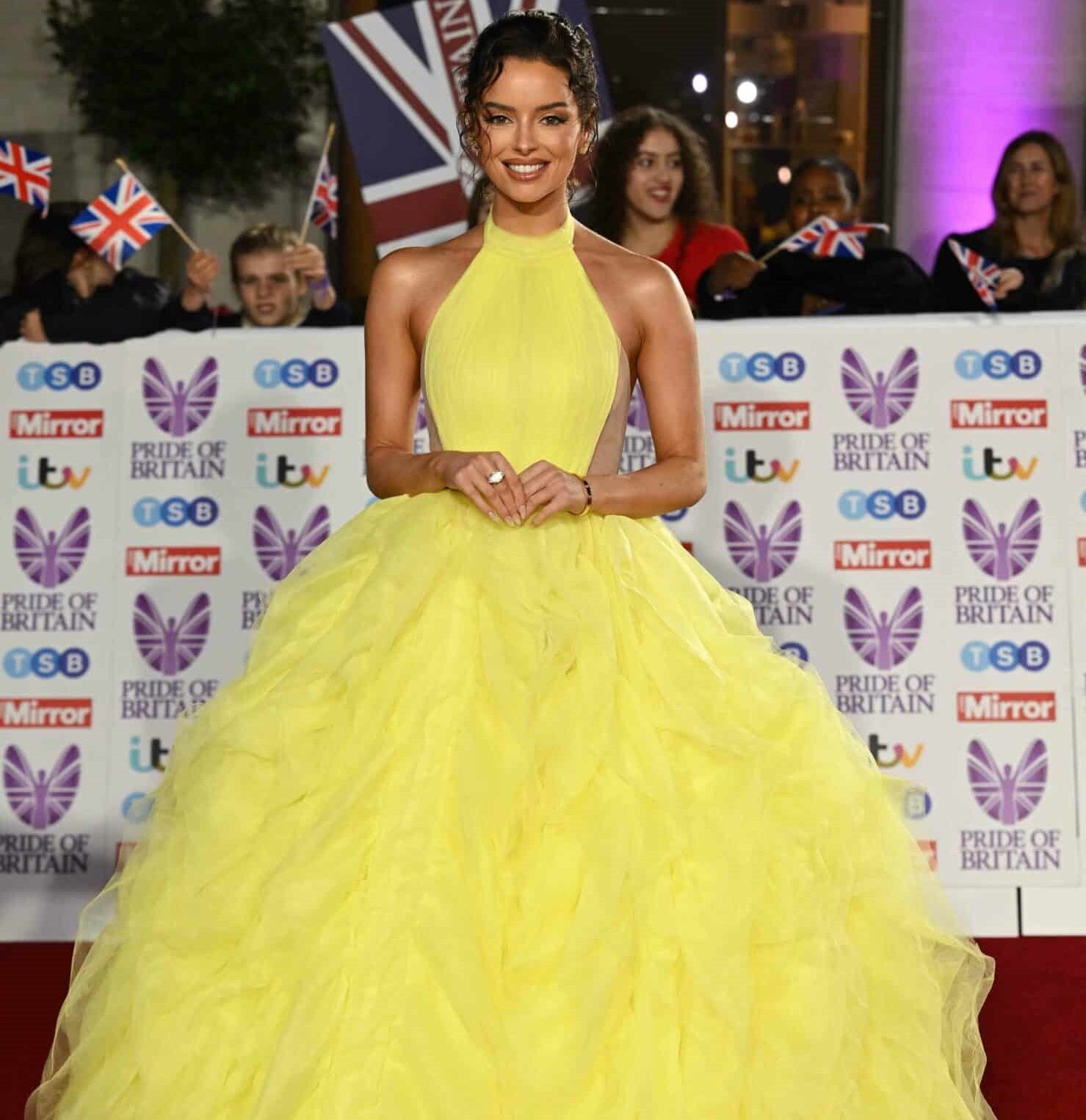 3D Floral Illusion Neck Yellow Prom Ball Gown - Xdressy