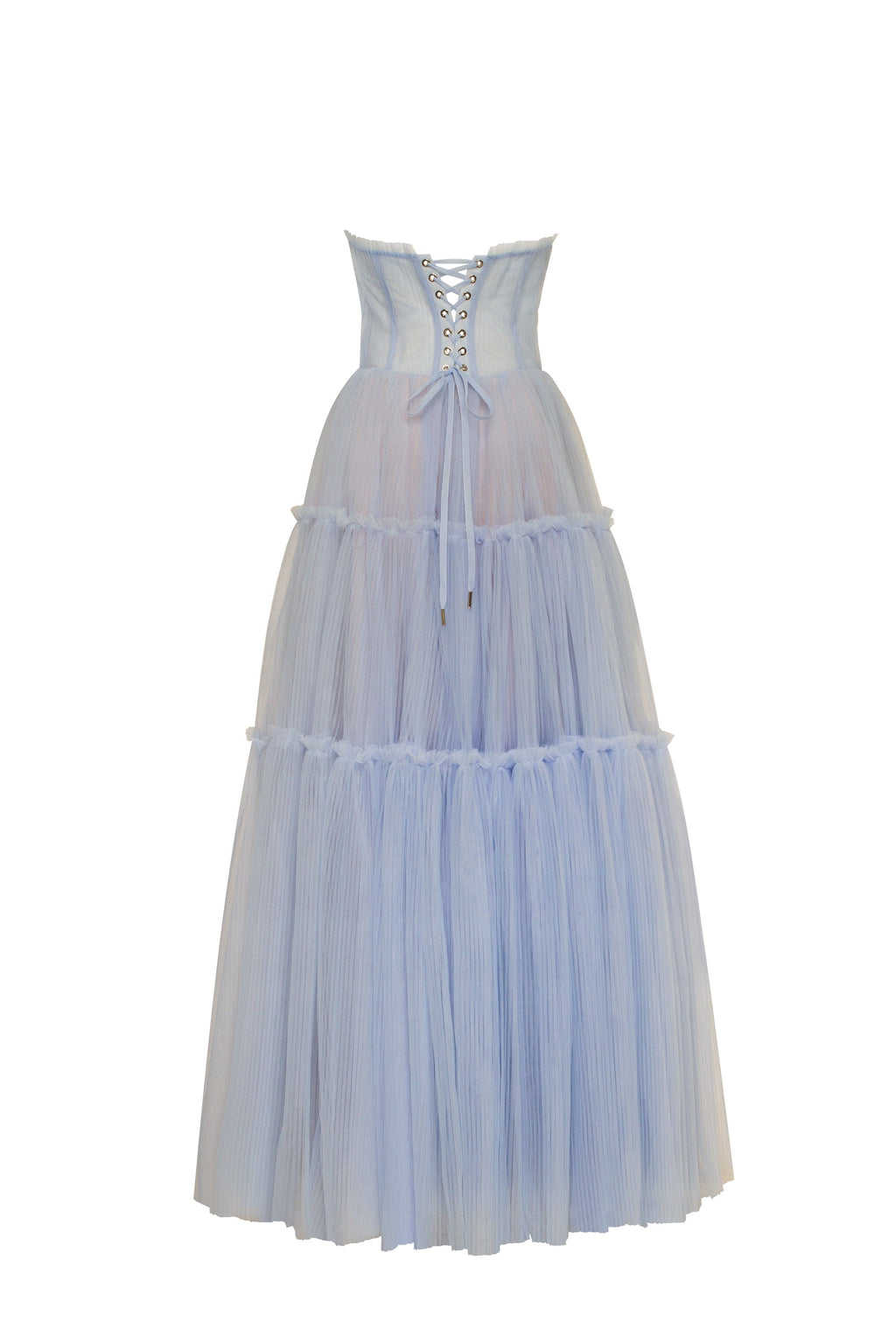 Light blue tulle maxi dress with ruffled skirt, Garden of Eden