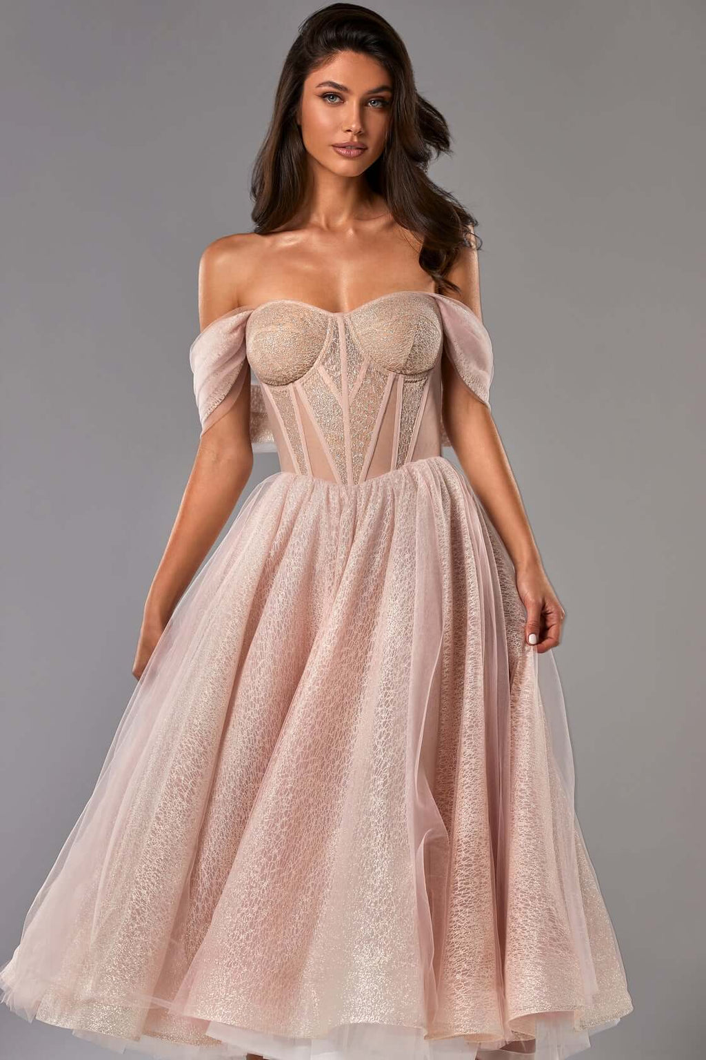 Stunning Off Shoulder Bustier Sheer Corset Layered Tulle Cocktail Midi  Dress – Pink