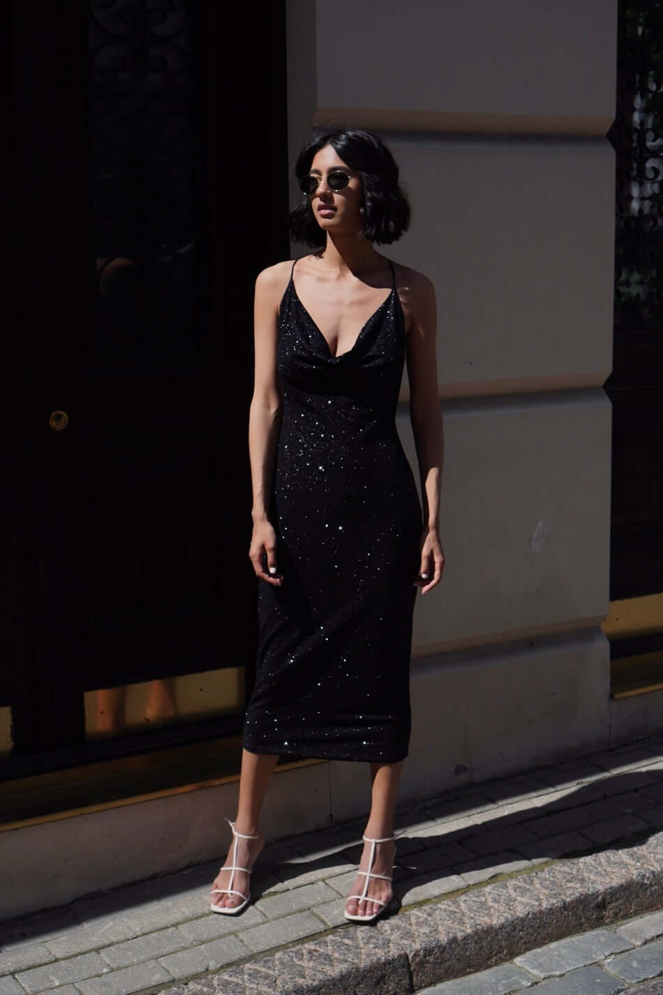 Black Shimmer Midi Slip Dress – Milla