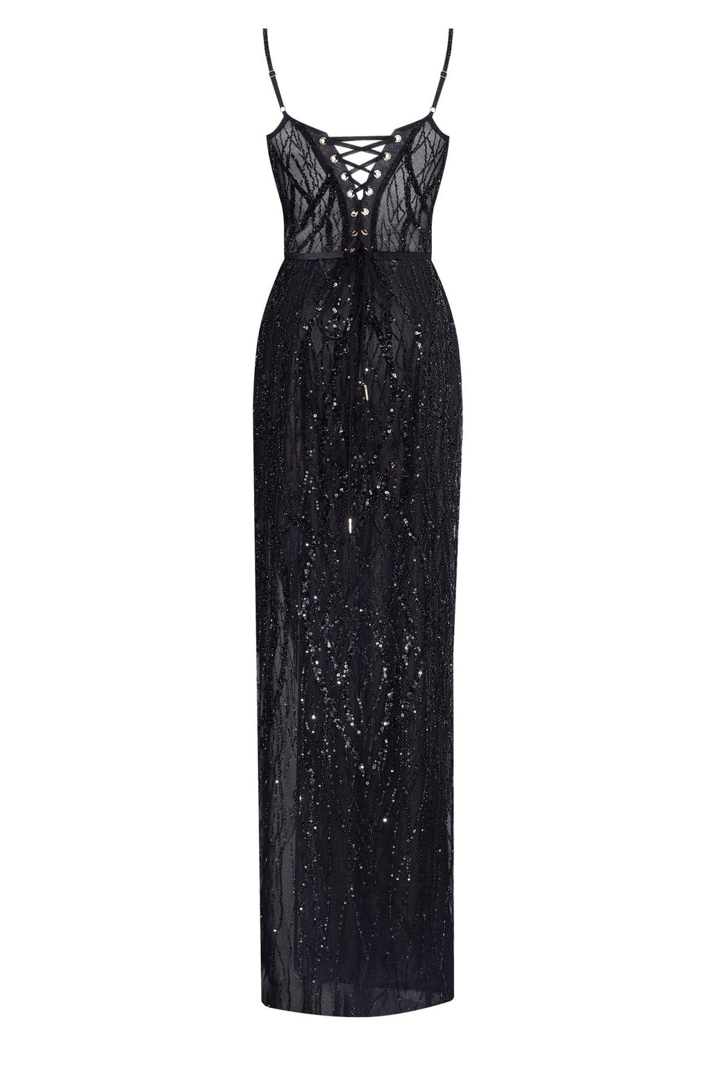 Daniella Strappy Mesh Maxi Dress in Black Print - Sequin Cinderella