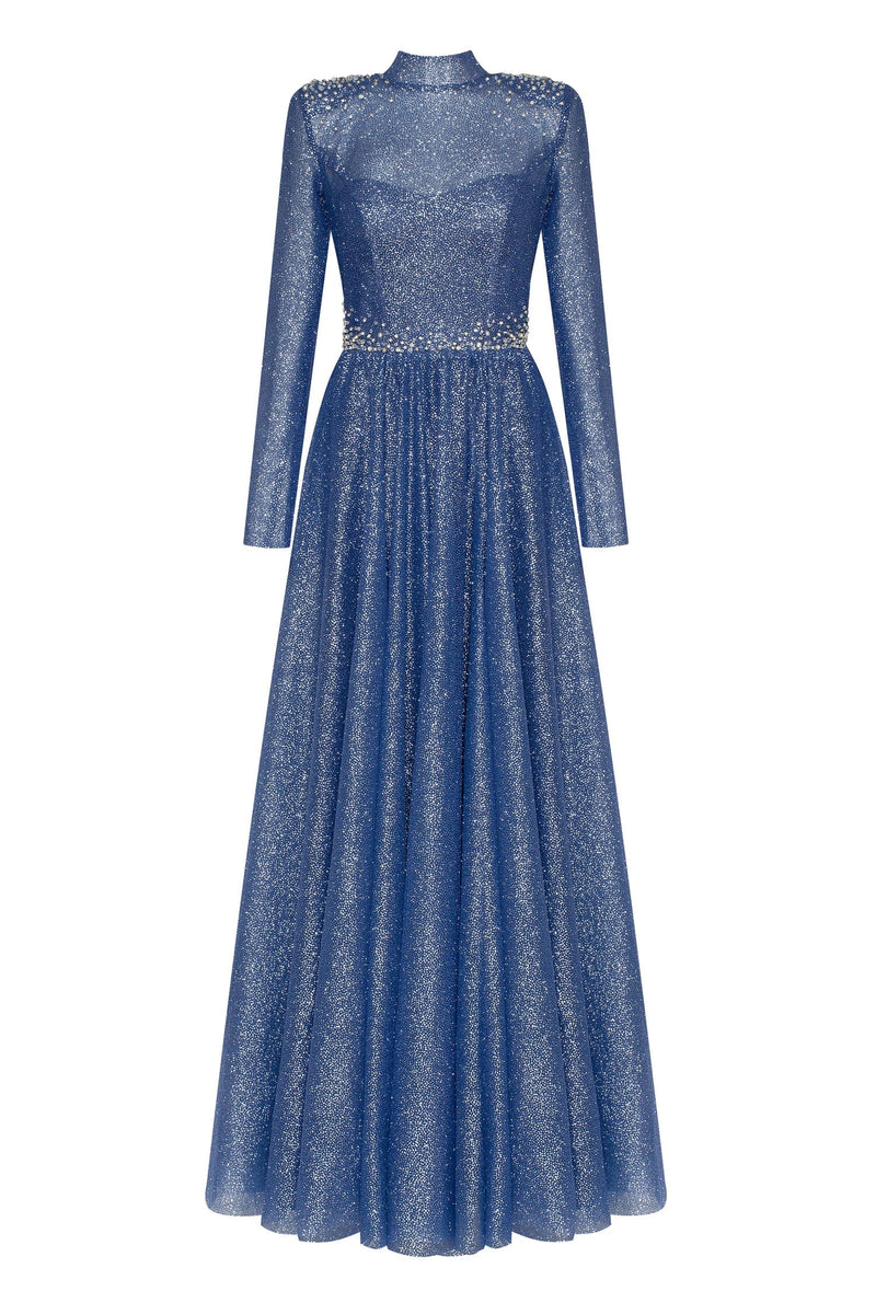 Blue Long-sleeve maxi dress decorated with shiny rhinestones Milla Dresses