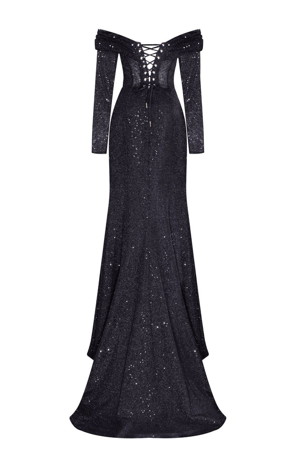 Elegant black off-the-shoulder sparkling maxi dress Milla Dresses - USA ...