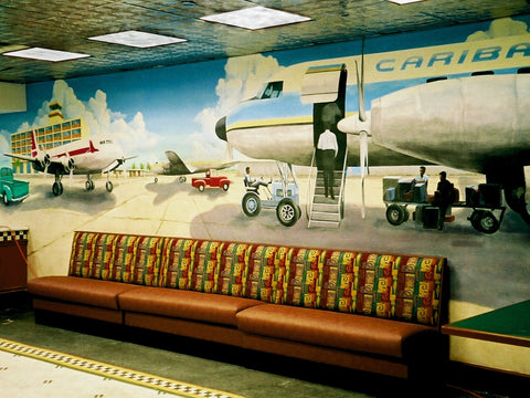 Custom Airport Mural Painting in Travel Poster Style of Vintage Airplanes and Vibrant Colors