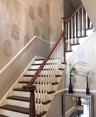 Custom Hand Painted Medallion Stencil Staircase Wall