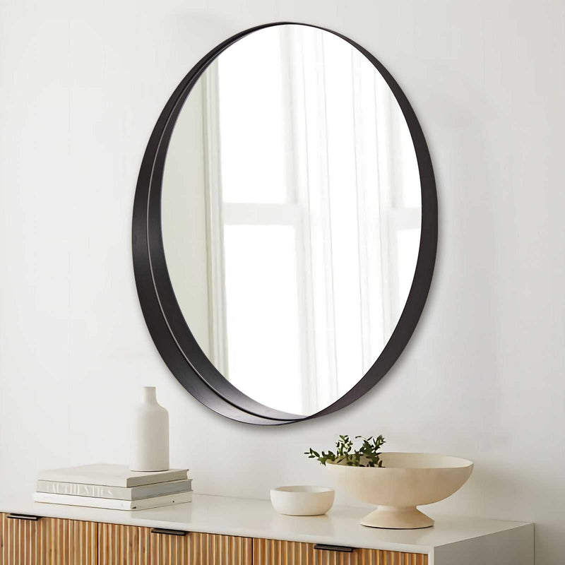 large black framed bathroom mirror