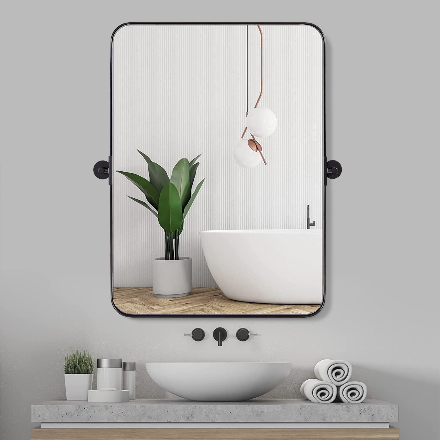 Moon Mirror 22x30 Matte Black Pivot Mirror For Bathroom, Metal Frame  Bathroom Mirrors For Wall，Rectangle Titling Vanity Wall Mirror With Rounded 