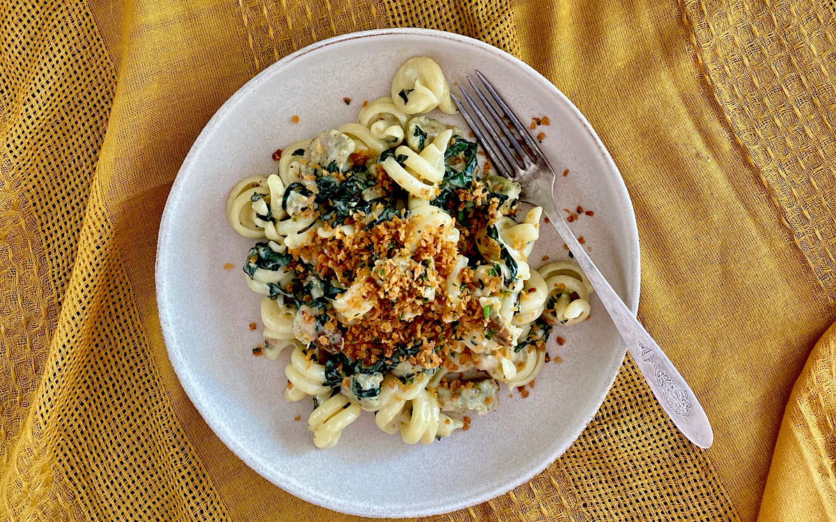 Creamy Chicken Kale Pesto Sausage Pasta with Lemony Toasted Breadcrumb