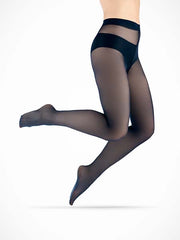 Legs in Miss Lala Anna navy tights on white background