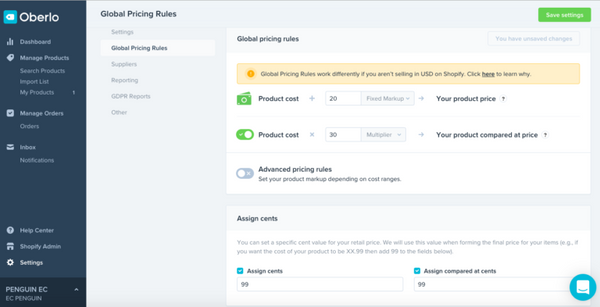 shopify currency settings oberlo
