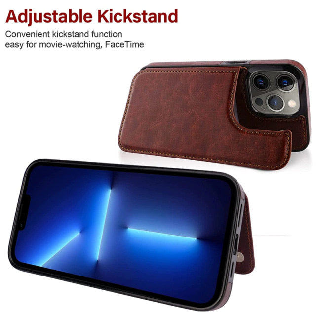 Luxury Slim Fit Premium Leather Cover For iPhone, showing adjustable kickstand
