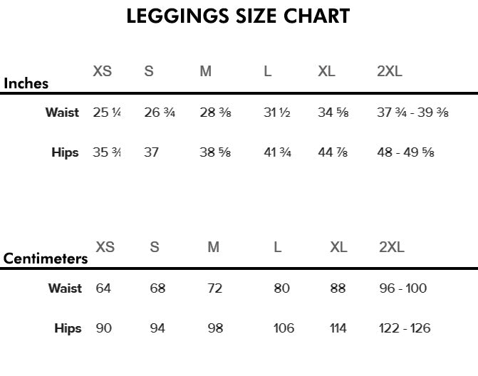Leggings Size Chart for Crystal Silver Fitness Set