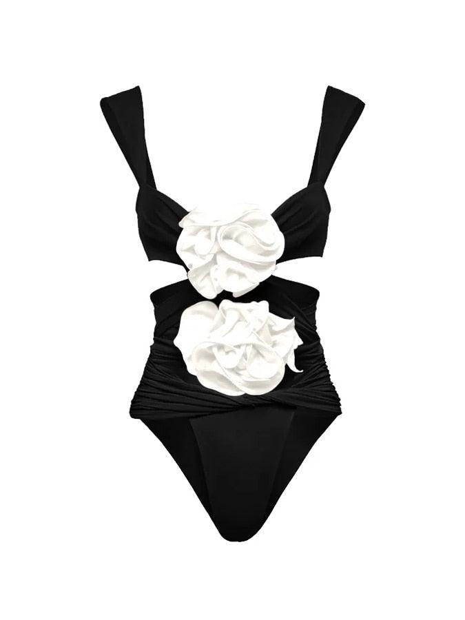 3D Flower Cutout Swimwear - Black and White
