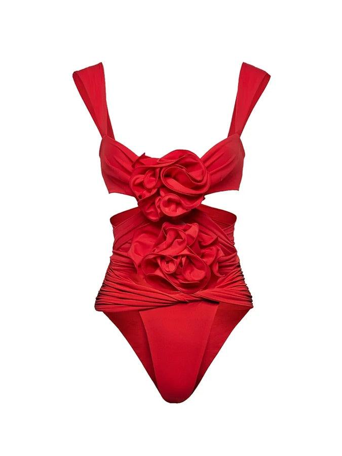 3D Flower Cutout Swimwear - Red