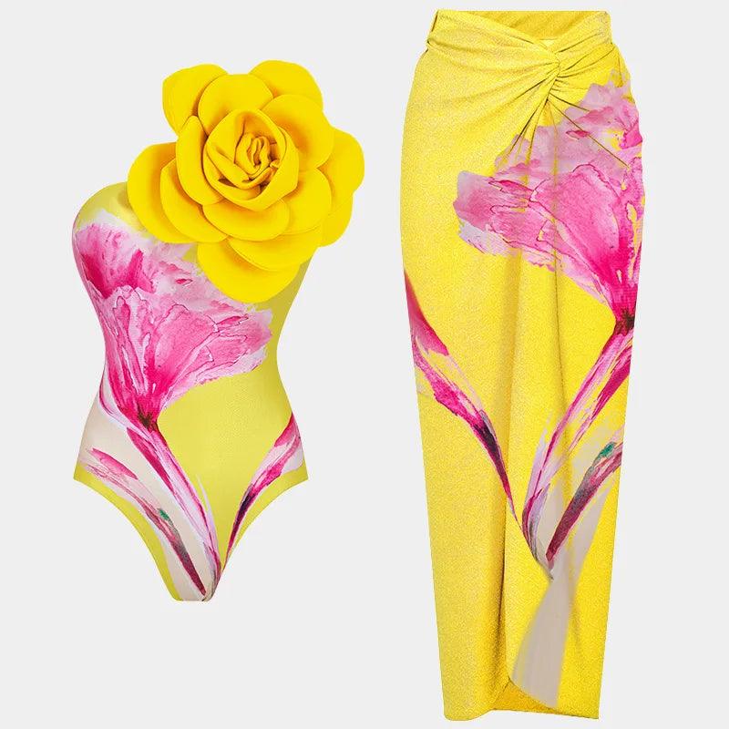 3D Flower Swimsuit With Cover Up - Yellow