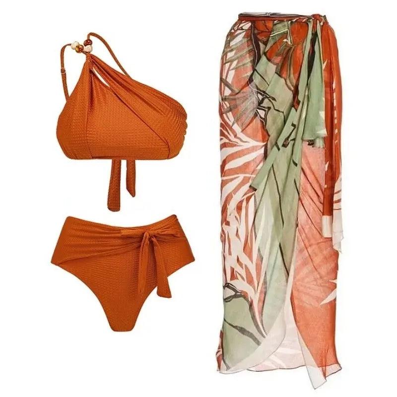 One Shoulder Bikini With Cover Up - Rust