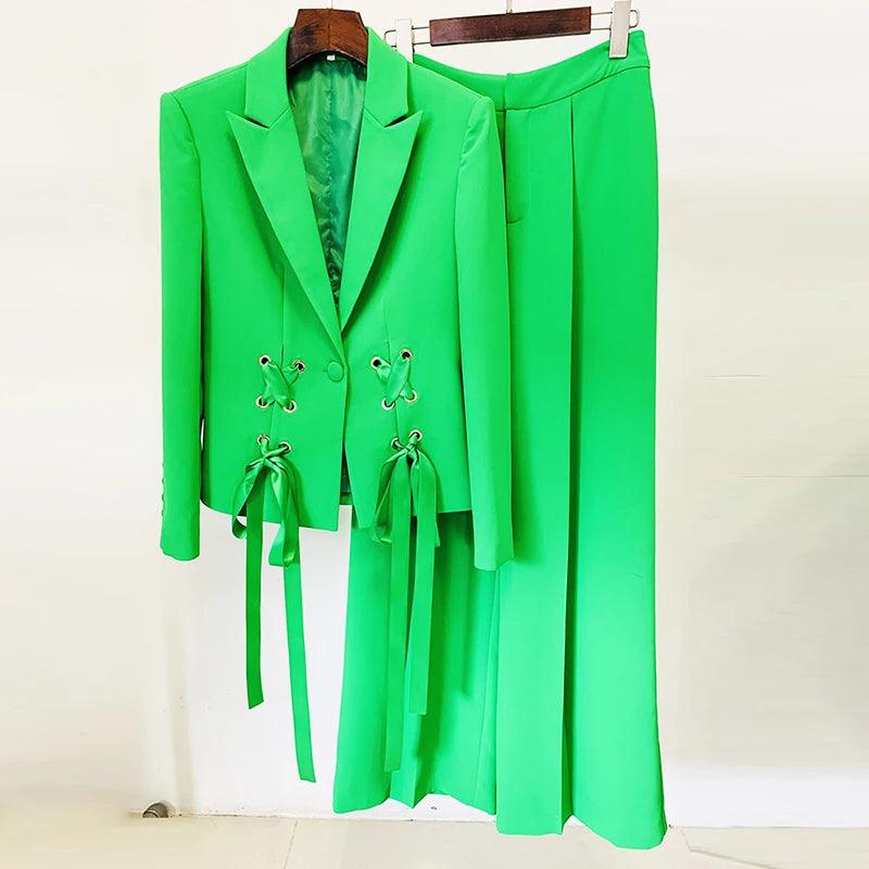 Ribbons Lacing Two Piece Green Suit Set