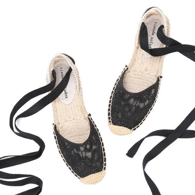 Lace T-strap Espadrille Flats - Black