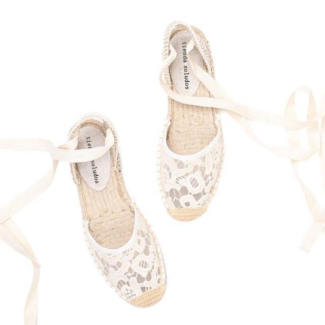 Lace T-strap Espadrille Flats - White