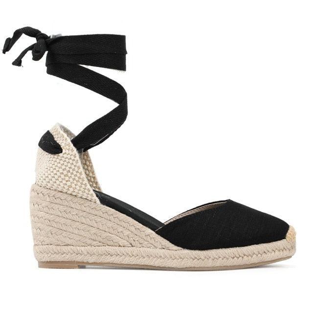 Lace-Up Espadrille Wedges - Black