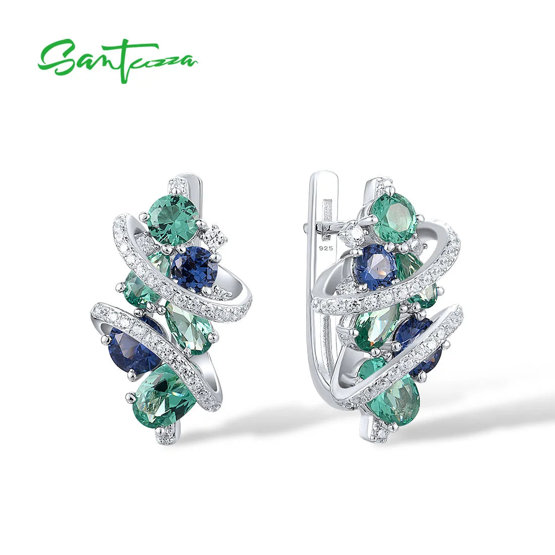 Silver Earrings For Women Pure 925 Sterling Silver Sparkling Blue Green Spinel White CZ Earrings Charming Fine Jewelry