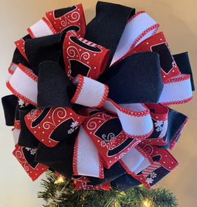 Beautiful Red and Black Snowman hat Tree topper Bow