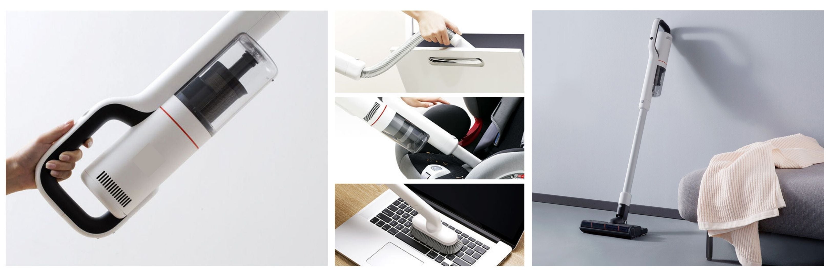 Collage of ROIDMI X20 Stick Vacuum with different attachments. 