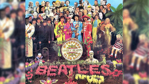 Sleeve art for Sgt. Pepper's Lonely Hearts Club Band (1967, Parlophone / EMI). Cover art by MC Productions and The Apple.