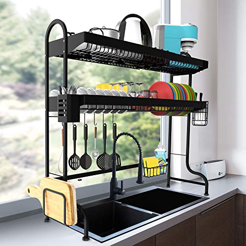 Over the Sink Dish Drying Rack, Kitchen Sink Organizer Dish Rack Stainless  Steel Over The Sink Shelf Storage Rack w/ Utensils Holder Hooks Dish for